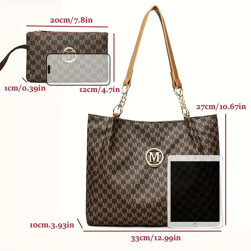 2pcs womens vintage shoulder bag set large capacity tote bag with fixed shoulder strap synthetic zipper closure polyester lining lightweight random print design daily commuting and carrying cell phones details 9