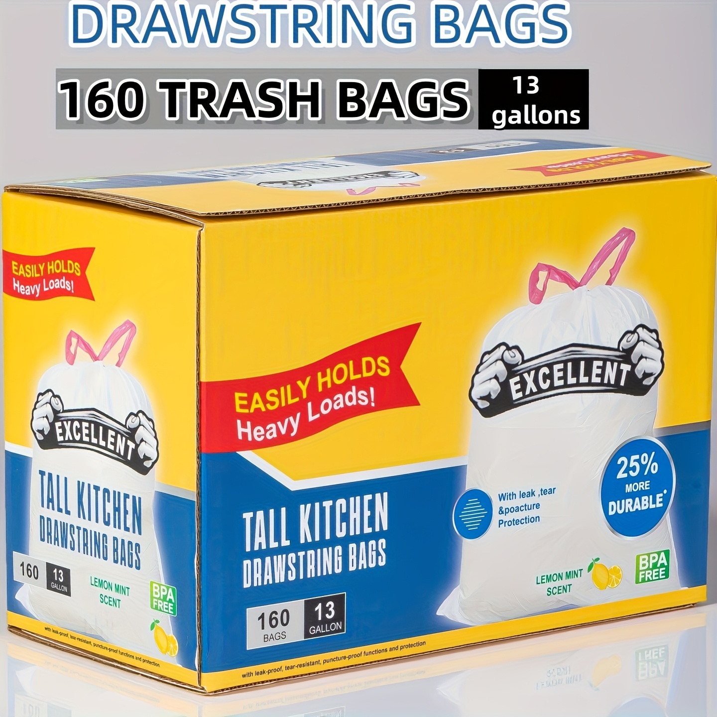 TEMU Boîte de 13 gallons de sacs poubelle jetables résistants à la , 160 , résistants aux perforations et aux déchirures, technologie de contrôle des