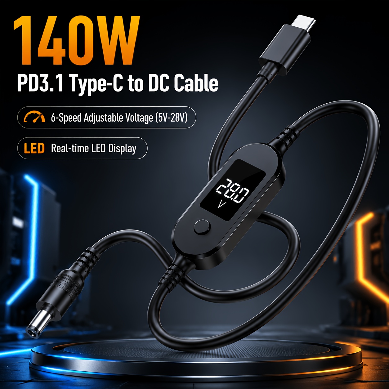 TEMU 140w Pd3.1 Type C To 5525 Power Cable With Led Digital Display, 6-speed Adjustable Voltage 5v-28v, Fast Charging Cord For Laptop, Router, Power