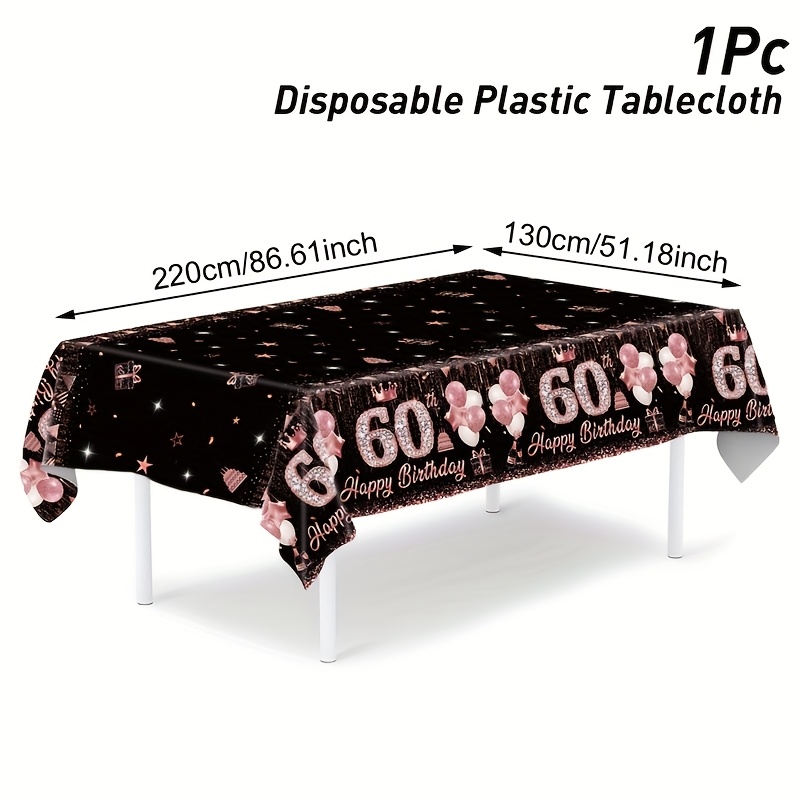 Image of 1pc, 60th Birthday Disposable Plastic Table Cover, 130*220cm, Rose Gift Cake Pattern Table Decoration, Celebration For Adults Turning 60, 60th Birthday Party Supplies Table Cloth