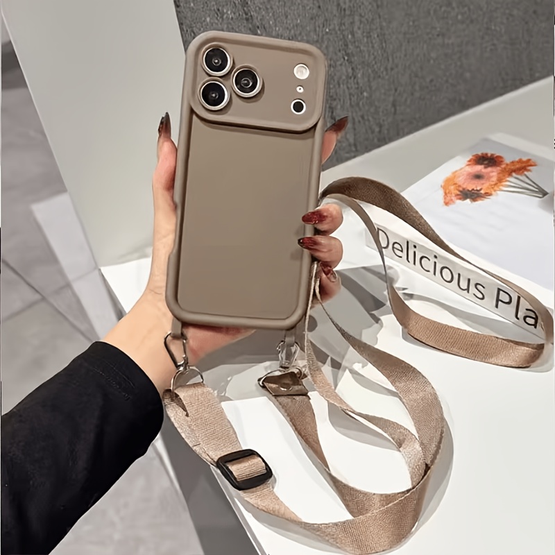 TEMU Phone Case: New Emery Sand Crossbody Strap Wide Rope Protective Case, Suitable For Iphone 17 Pro Max, Material Case, Drop-proof Protective Cover