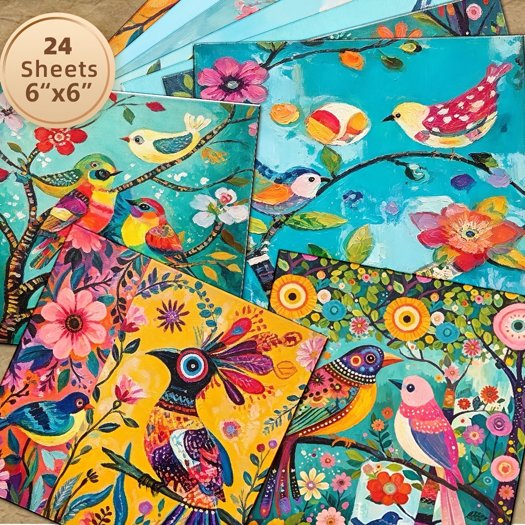 TEMU 24 feuilles de papier décoratif pour album de peinture à l'huile épaisse, 6X6 pouces, fleurs colorées et oiseaux, , épais, texture de toile,