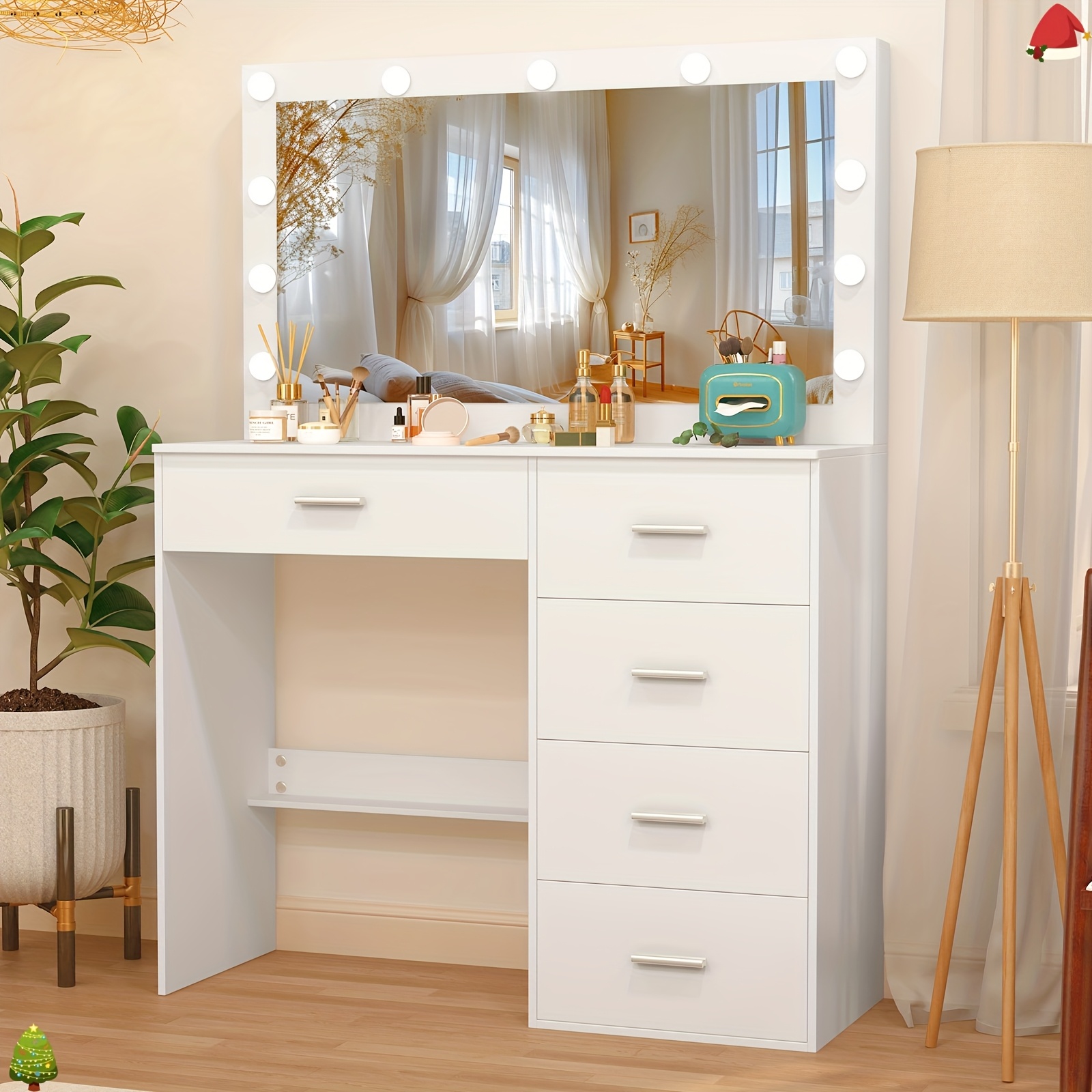 TEMU New Christmas Gift For Women: This Vanity Table With Led Lights In 3 Color , A Makeup Mirror With Adjustable Brightness, Multiple Drawers, Open