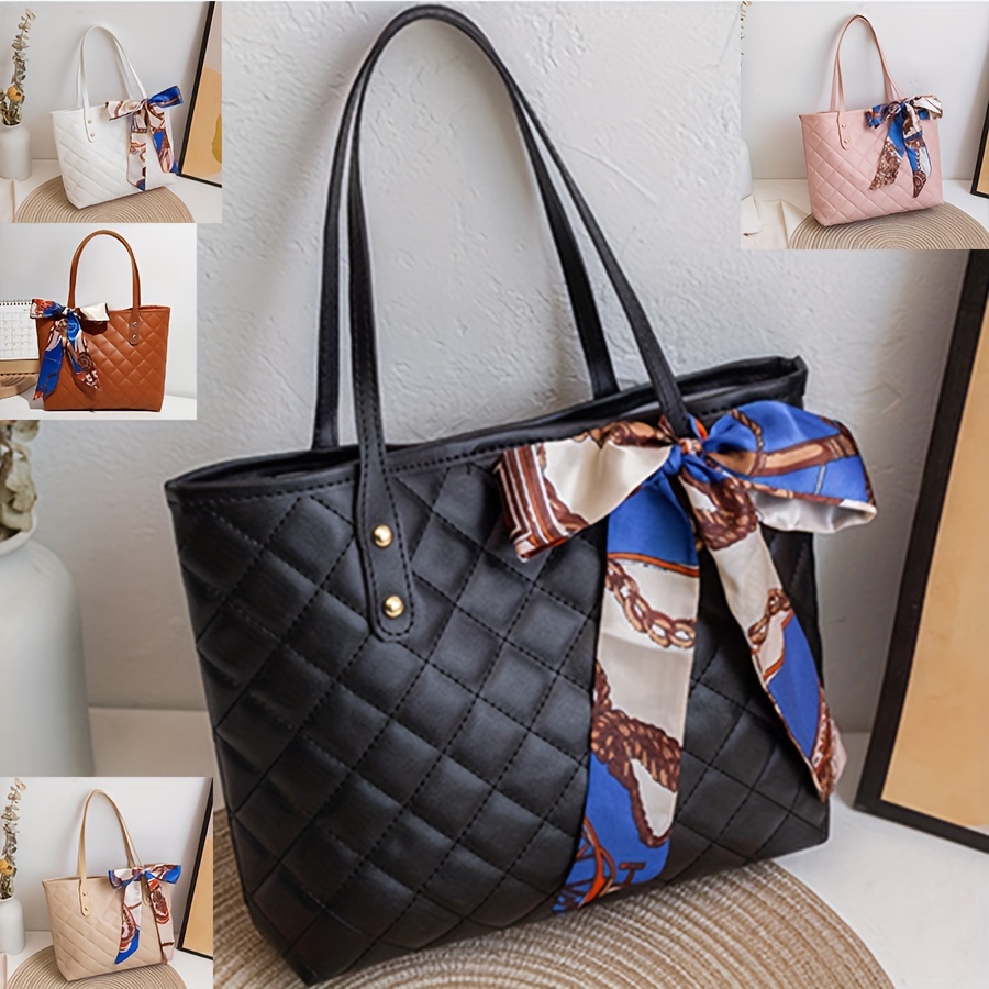 

Fashion Argyle Pattern Shoulder Bag With Silk Scarf Decoration And Magnetic Closure - Lightweight Pu Tote With Fixed Straps And Inner Polyester - Handbag For Daily Commuting From Guangzhou