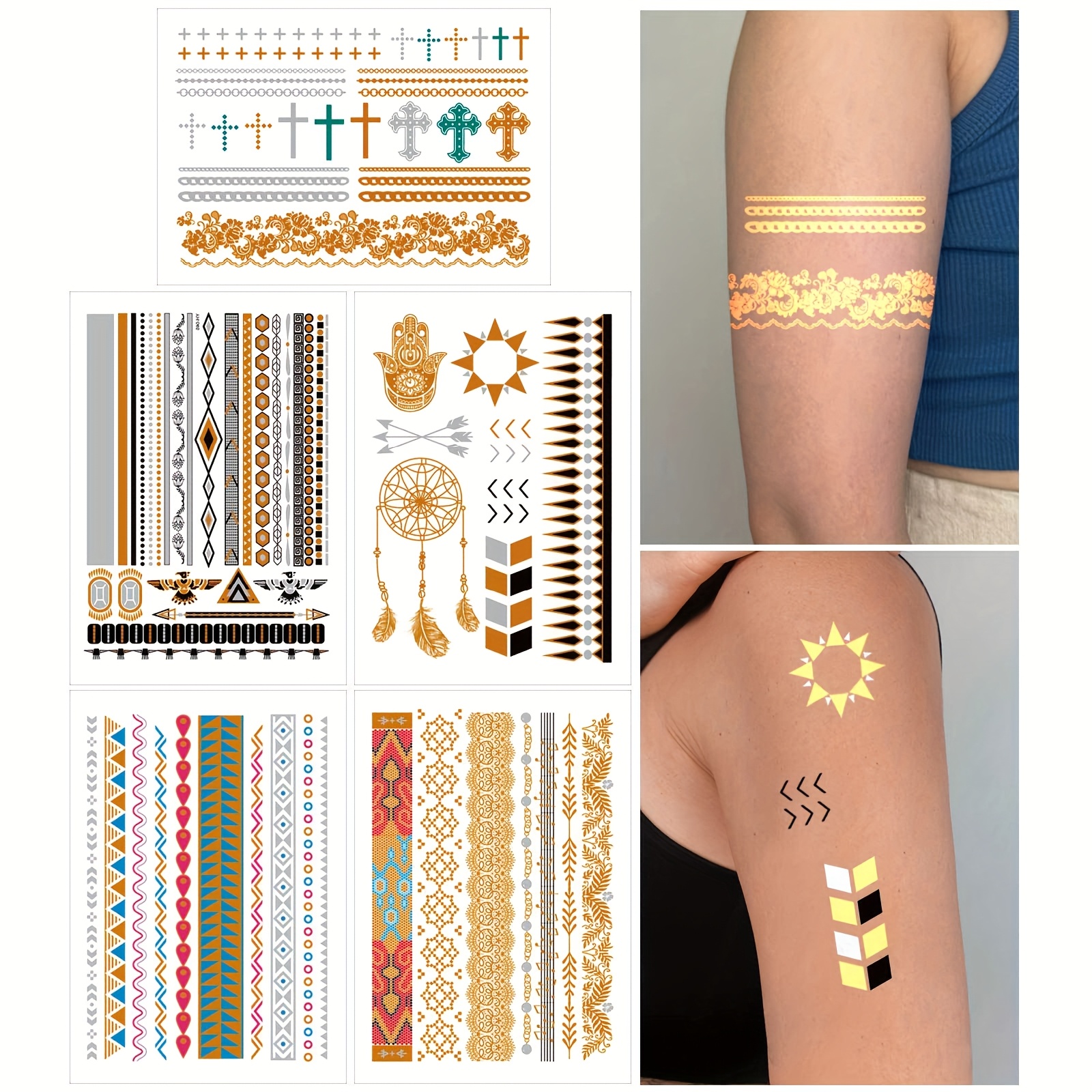 5pcs of   tattoo stickers featuring lace crosses and irregular geometric patterns suitable for body art on the   wrists collarbones chest and legs   are durable waterproof temporary tattoos for   men and women