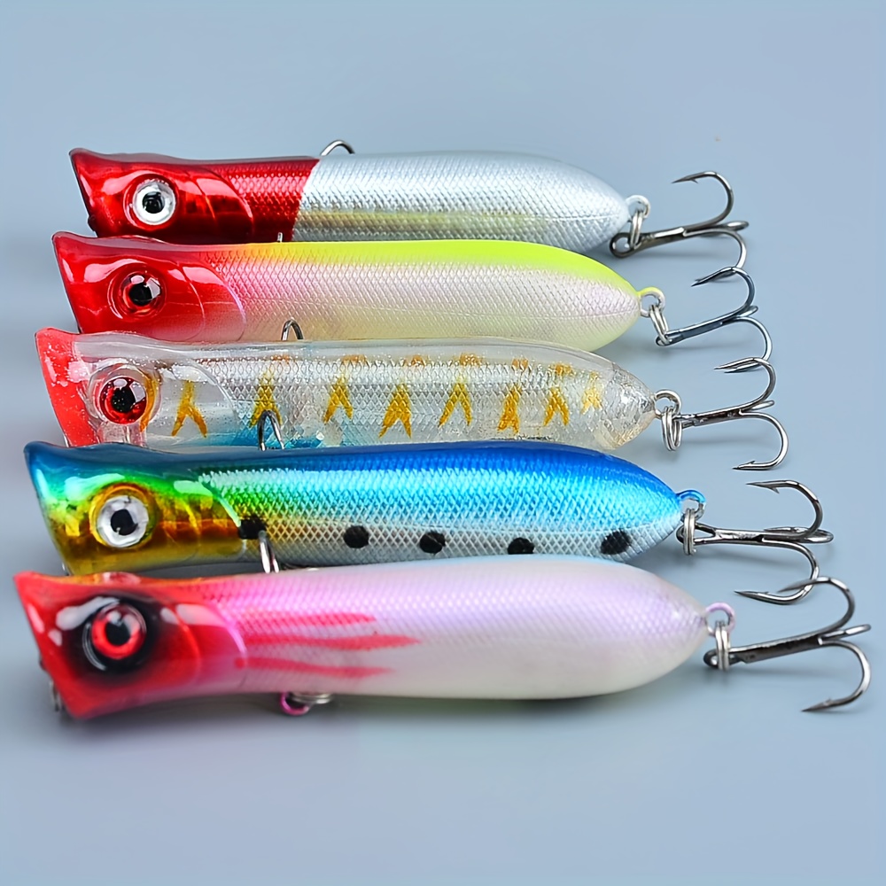 TEMU 5pcs Topwater Popper Fishing Lure Set, 3.35inch/0.4oz, Durable Abs, For Saltwater And Freshwater Outdoor Fishing Equipment, Fishing Accessories,