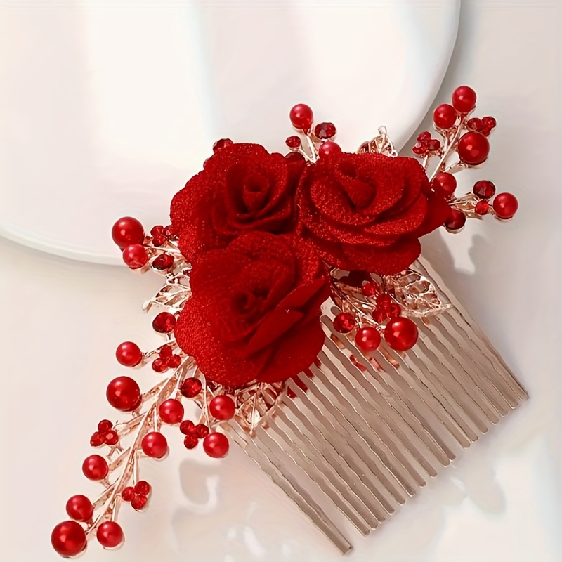 TEMU 1pc Elegant Bridal Hair Accessory, Red Hair Rhinestone And Embellishments, Synthetic Fiber Material, Non-feathered, For Women