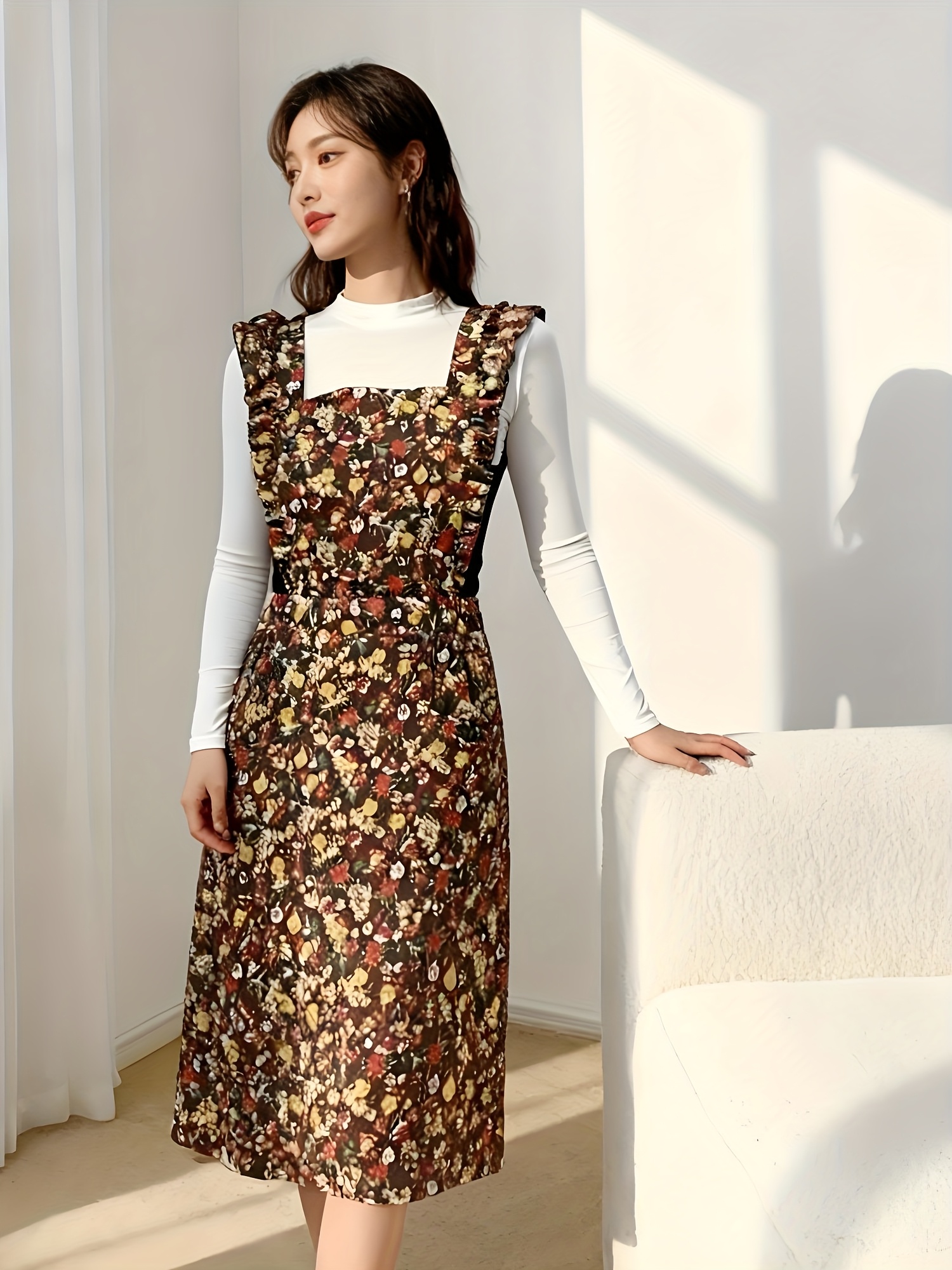The Floral-Print Apron-Style Dress Is Absolutely Stunning! It'S * Fashion-*  Individuals, Suitable for * Daily Household And Casual * at Bars Or Cafes *  * a * Impression