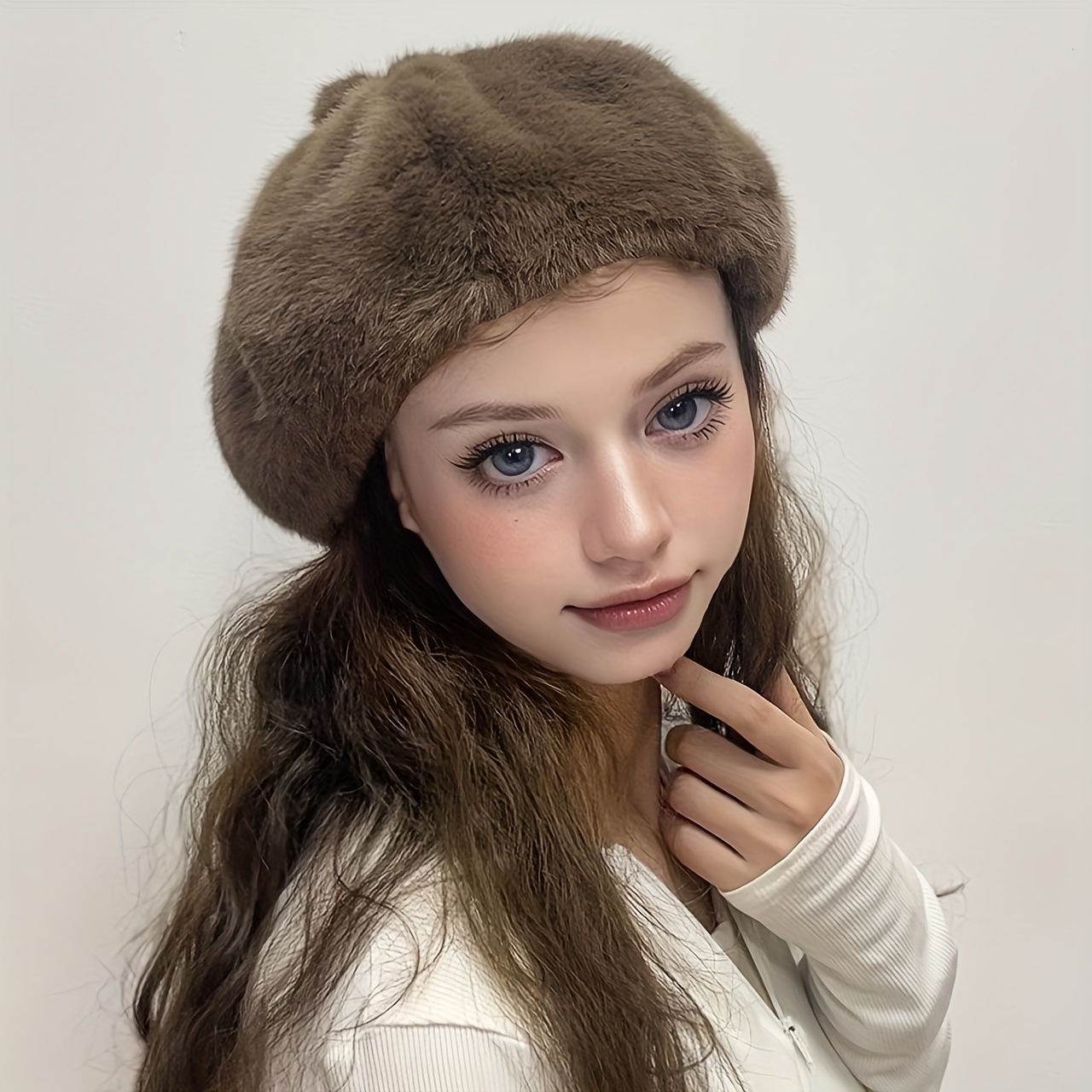 Women'S Fox Fur Beret Hat Warm Vintage Style with Bow Detail, White  Navy Blue Winter Christmas Outfits, Cute Hat