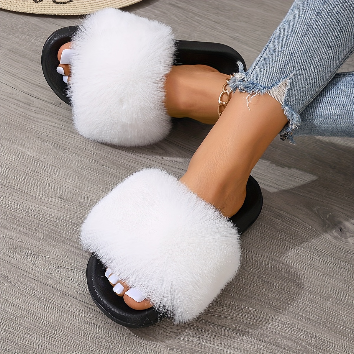 

Women's Fluffy Faux Fur Slippers, Open Toe Soft Plush Indoor & Outdoor Shoes, Comfy Eva Sole Slide Shoes
