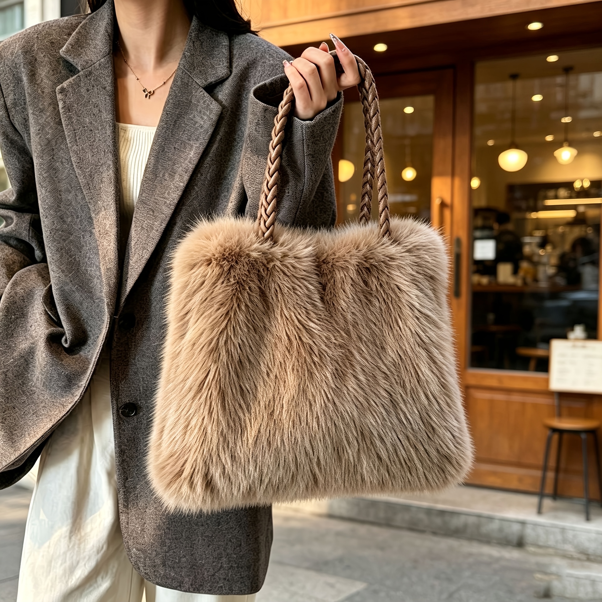 TEMU Damenhandtasche – Neue modische elegante Plüschtasche mit gewebter Tragriemen-Henkel, für Herbst Winter, vielseitige Handtasche, flauschige