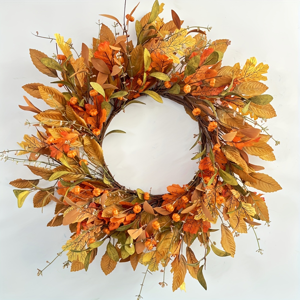 

Autumn Harvest & Thanksgiving 21.6" Wreath - Faux Maple, Eucalyptus & Pumpkin Leaves For Front Door Decor | Diy Home & Office Outdoor Party Decoration