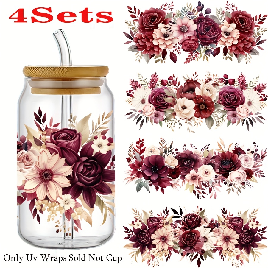 4pcs Of Rose Transfer Paper, Vinyl, Scratch-resistant And Waterproof, Self-adhesive, High-definition Three-dimensional , , Suitable For 16oz Mugs, Glasses, Smooth Objects, Disposable Cup Decoration