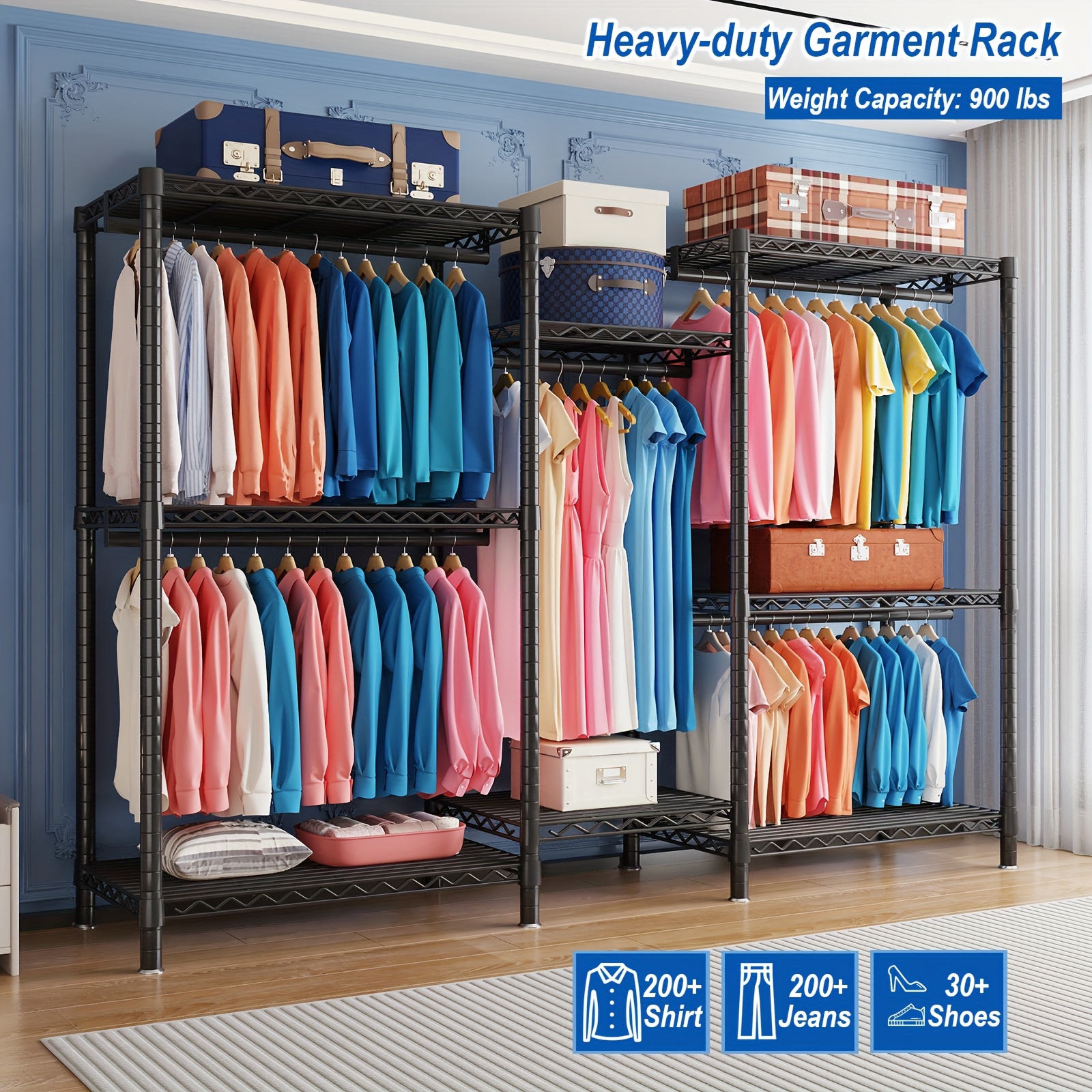 TEMU Clothes Rack Heavy Duty 900 Lbs Load, Freestanding 3-tier 3-column Metal Garment Rack With 8 Shelves And 5 Hanging Rods, Portable Adjustable