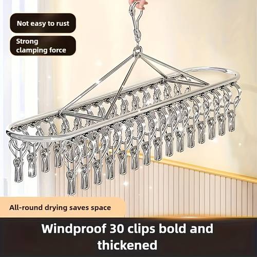 a windproof and non slip balcony clothes drying rack designed to featuring 30 clips suitable for apartments and durable and rust resistant ideal for socks towels and garments high quality metal