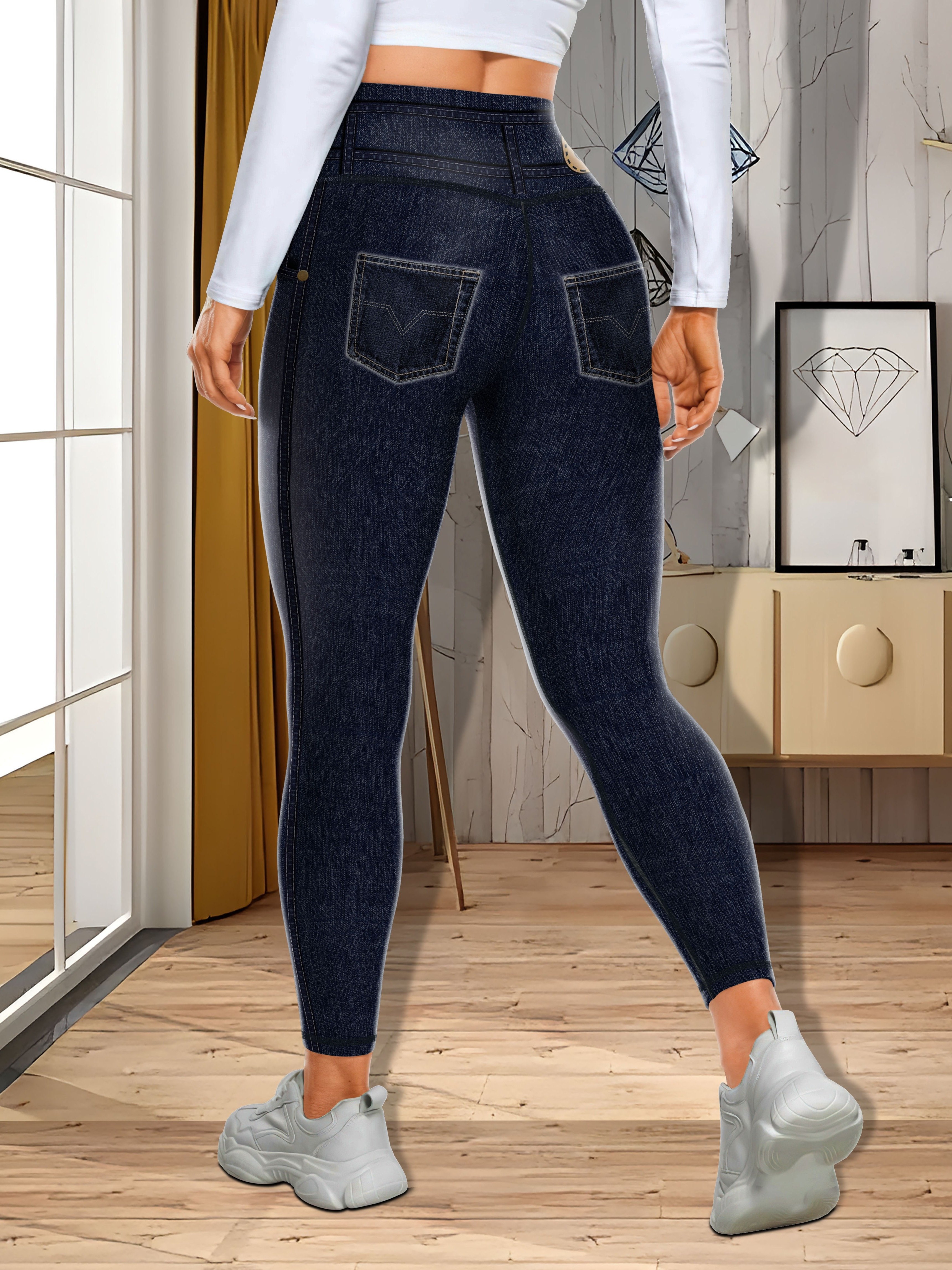 Women Stretchy Faux Denim Jeans Leggings High Waist Tummy Control