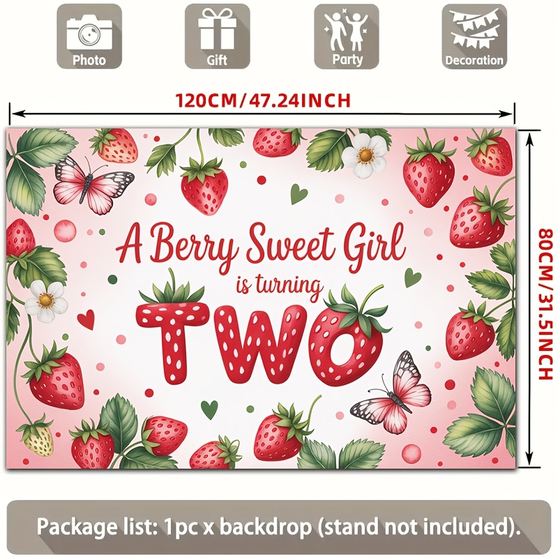 TEMU 2d Flat, 2d Flat - 2d Flat, 2d Flat - A Flat 2d Banner Featuring A Berry-themed Design, Celebrating A Second Birthday With Red Strawberries,