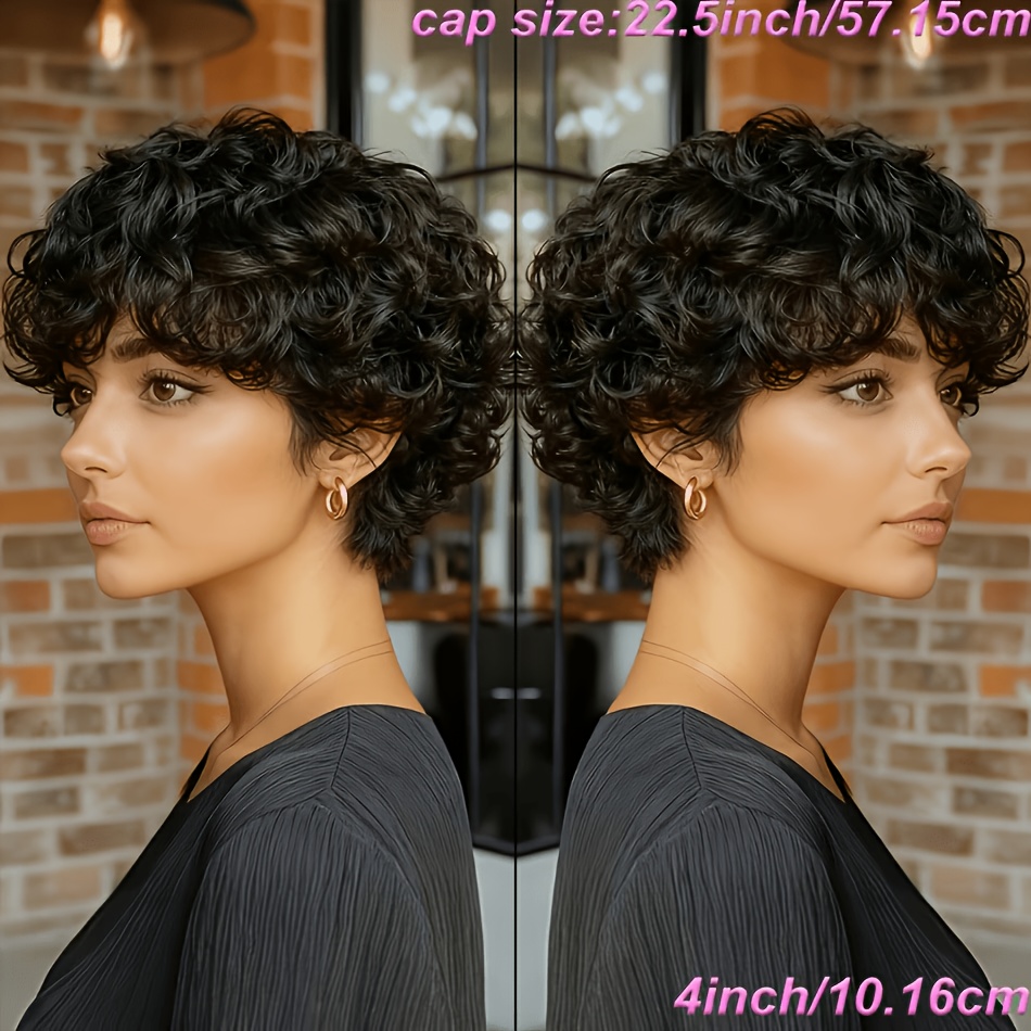 TEMU Brazilian Human Hair Wig Water Wave Human Hair Wig For Women | Short Cut With Bangs, 180% Density, Short Curly , Human Hair For Daily Wear And