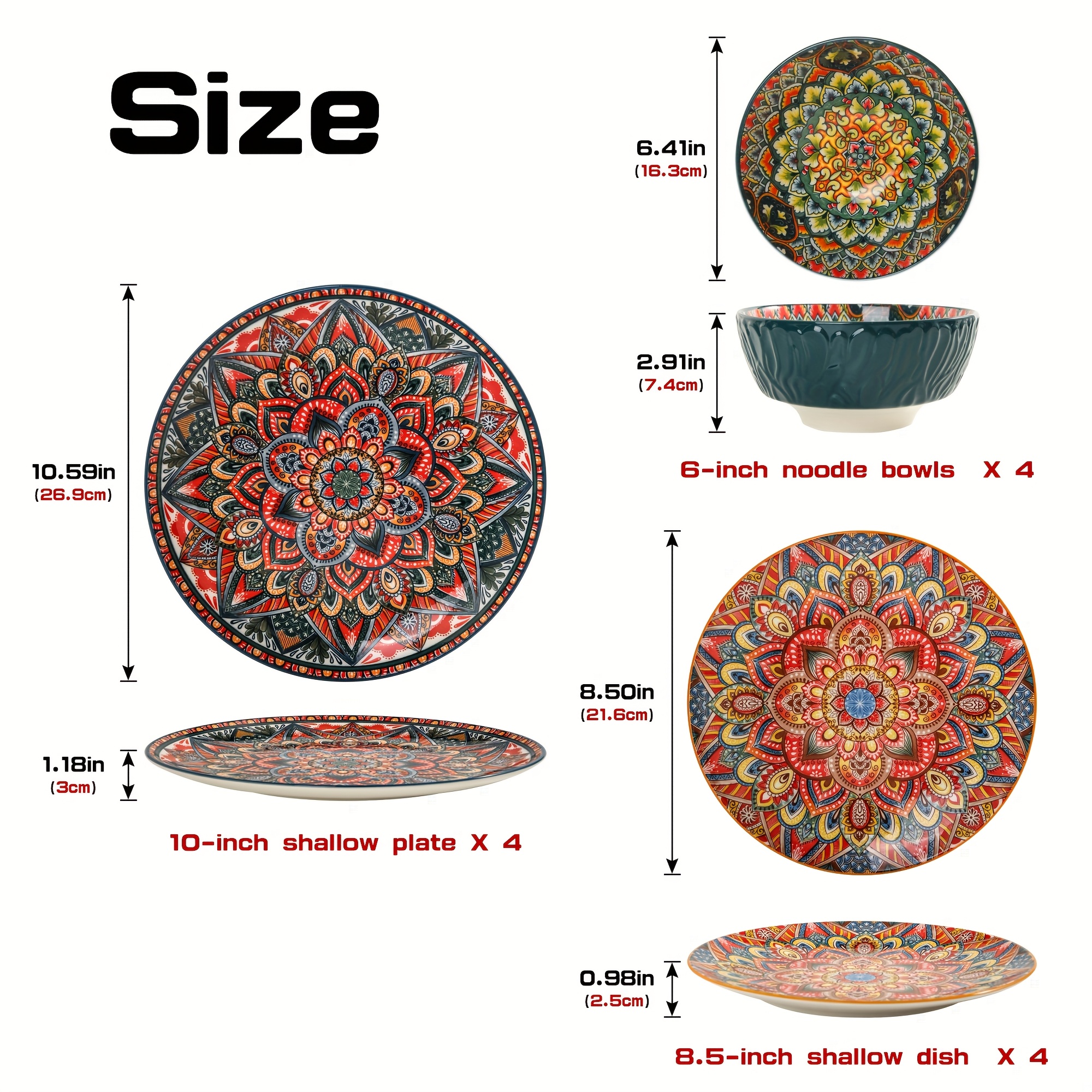 Dinner Service For , 12pcs Porcelain Crockery Service With Dinner Plates, Dessert Plates And Bowls, Bohemian Style Crockery Set Mixed-color Tableware Set