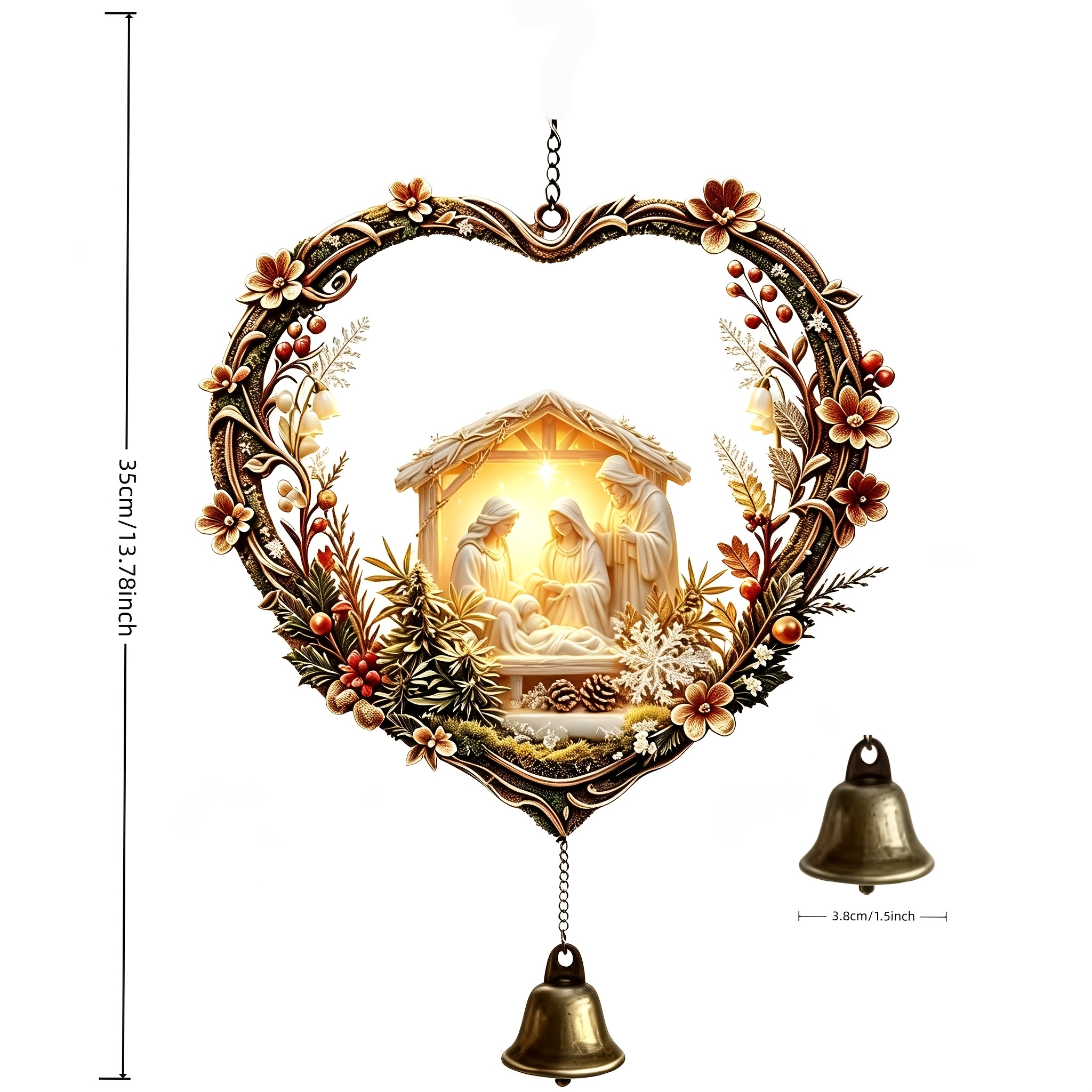 TEMU Heart-shaped Flower Frame Holy Family Nativity Stable Scene Single Wind Chime Pendant, Suitable For Indoor Windowsills, , And Outdoor Courtyards