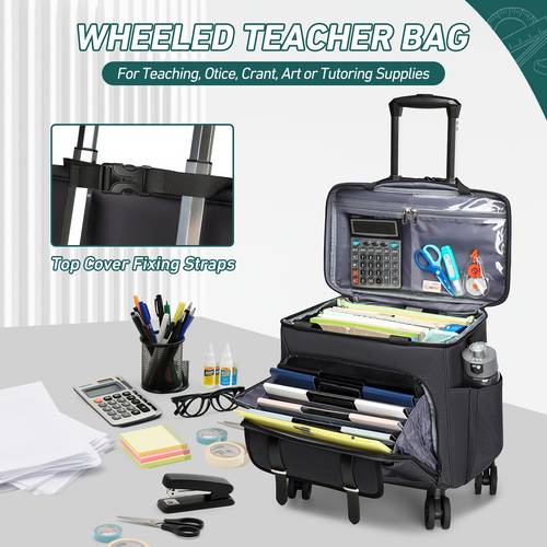 rolling teacher tote bag with detachable trolley handle a wheeled teacher bag with 6 inch laptop compartment a versatile tote for teaching and office supplies art supplies storage