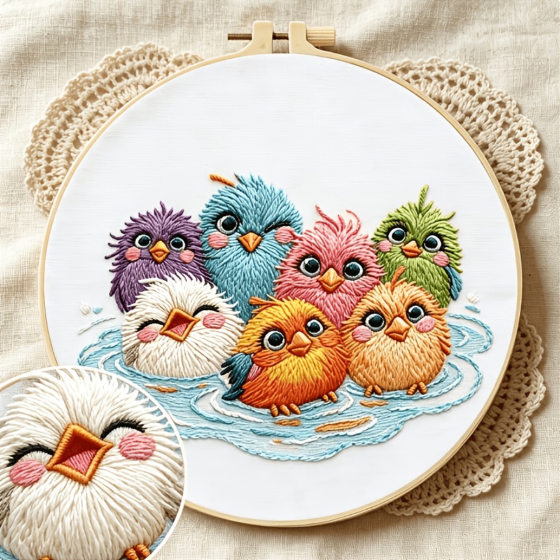 Cute Animal Print Embroidery Kit, Matching Bird Bubble Bath Pattern
