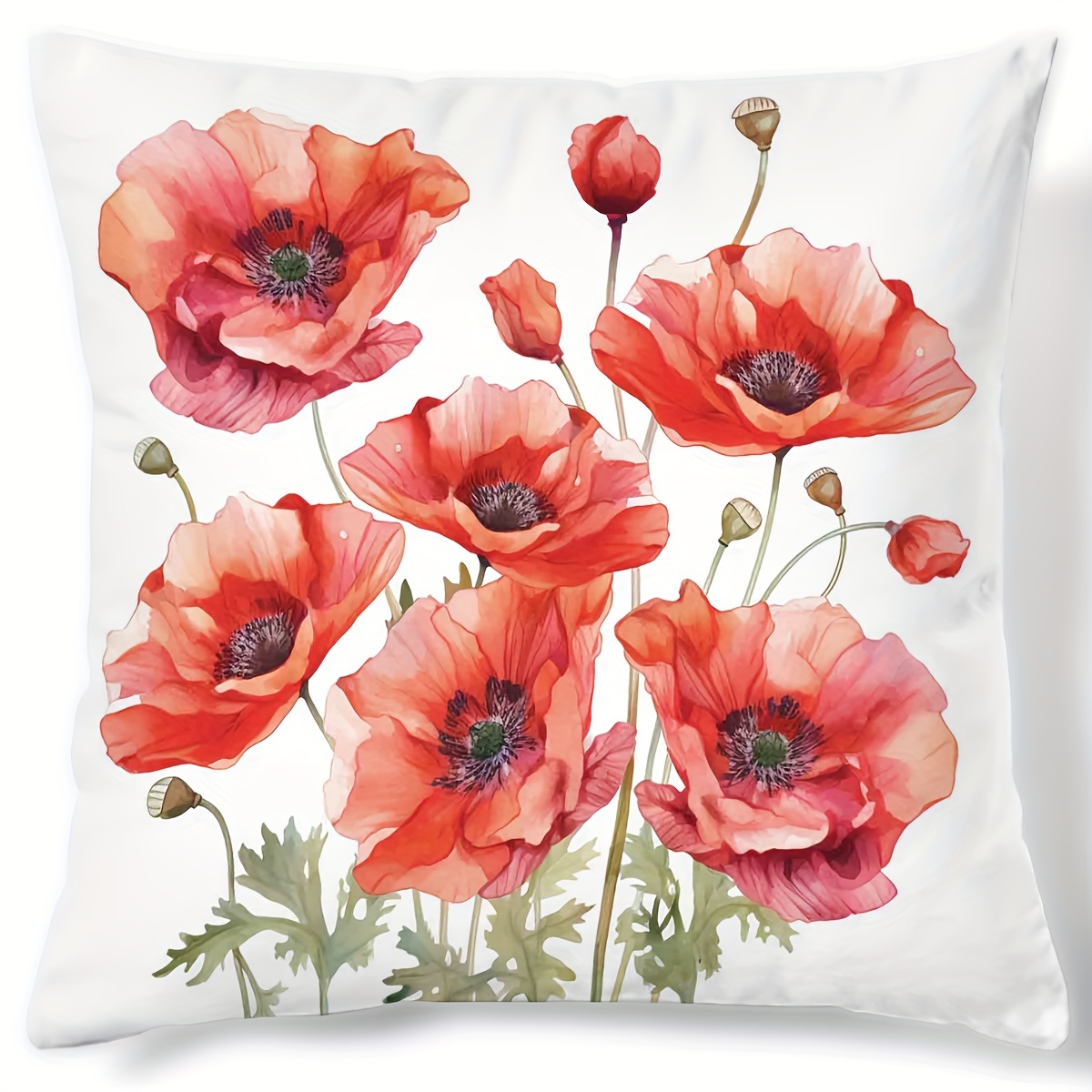 

1pc Contemporary Style Poppy Flower Digital Print Cushion Cover, 17.7inch Square, Decorative Throw Pillow Case For Home Decor