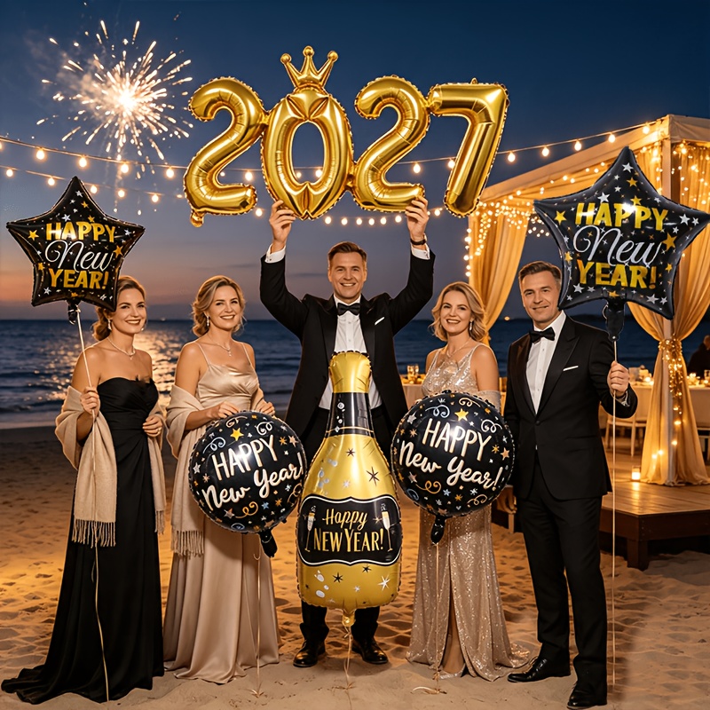 Image of 6pcs--2027 New Year Aluminum Foil Balloon Set, Bodysuit 2027 Number Balloons With Bottle Foil Balloon, Matching Happy New Year Star And Round Theme Balloons. And Golden Color Scheme