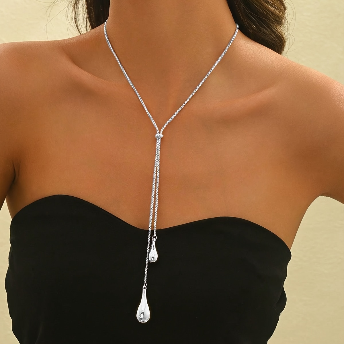 TEMU 1 Elegant Y-necklace For Women, Fashionable Teardrop Box Chain With Tassel Pull-out Design, Long Sweater Accessory For Autumn And Winter