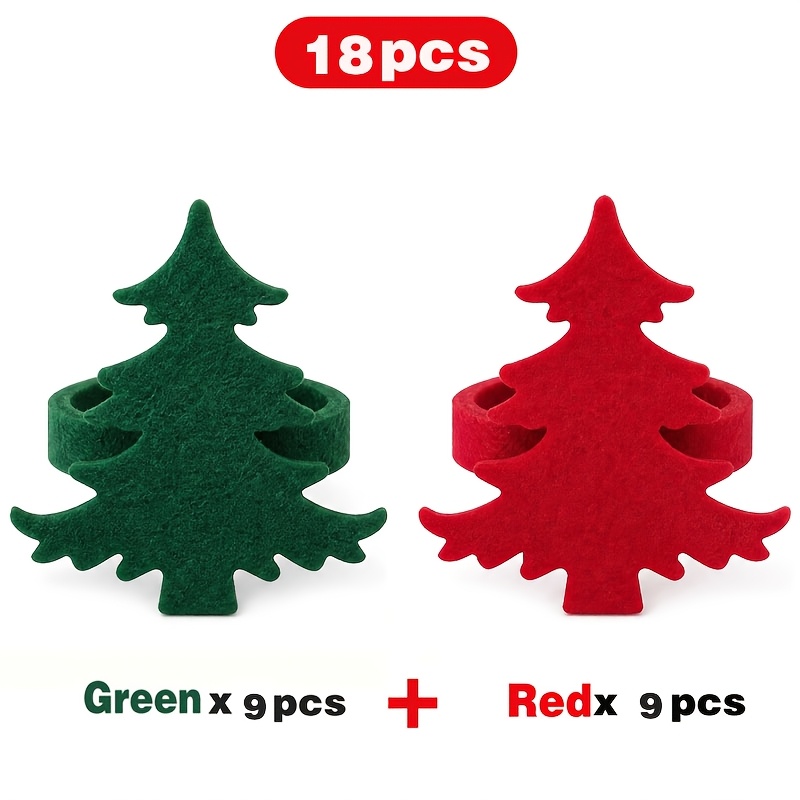 TEMU Ensemble de 18 pièces : 9 pièces rouges + 9 Ronds de serviette en feutre pour sapin de Noël, Ensemble de ronds de serviette de Noël , Décoration