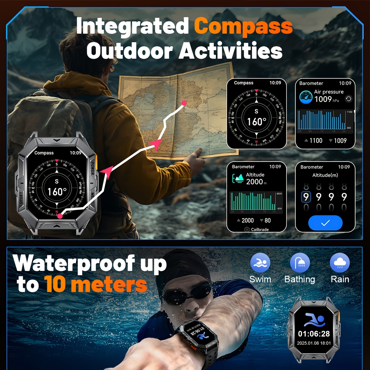 Montre connectée LIGE pour homme, IPX8, écran AMOLED 2,13 pouces, 100+ modes sport, appel sans fil, affichage météo, batterie 850 mAh, 100 jours d'autonomie, montre de sport pour iPhone et Android, noir/gris, cadeaux de la Saint-Valentin