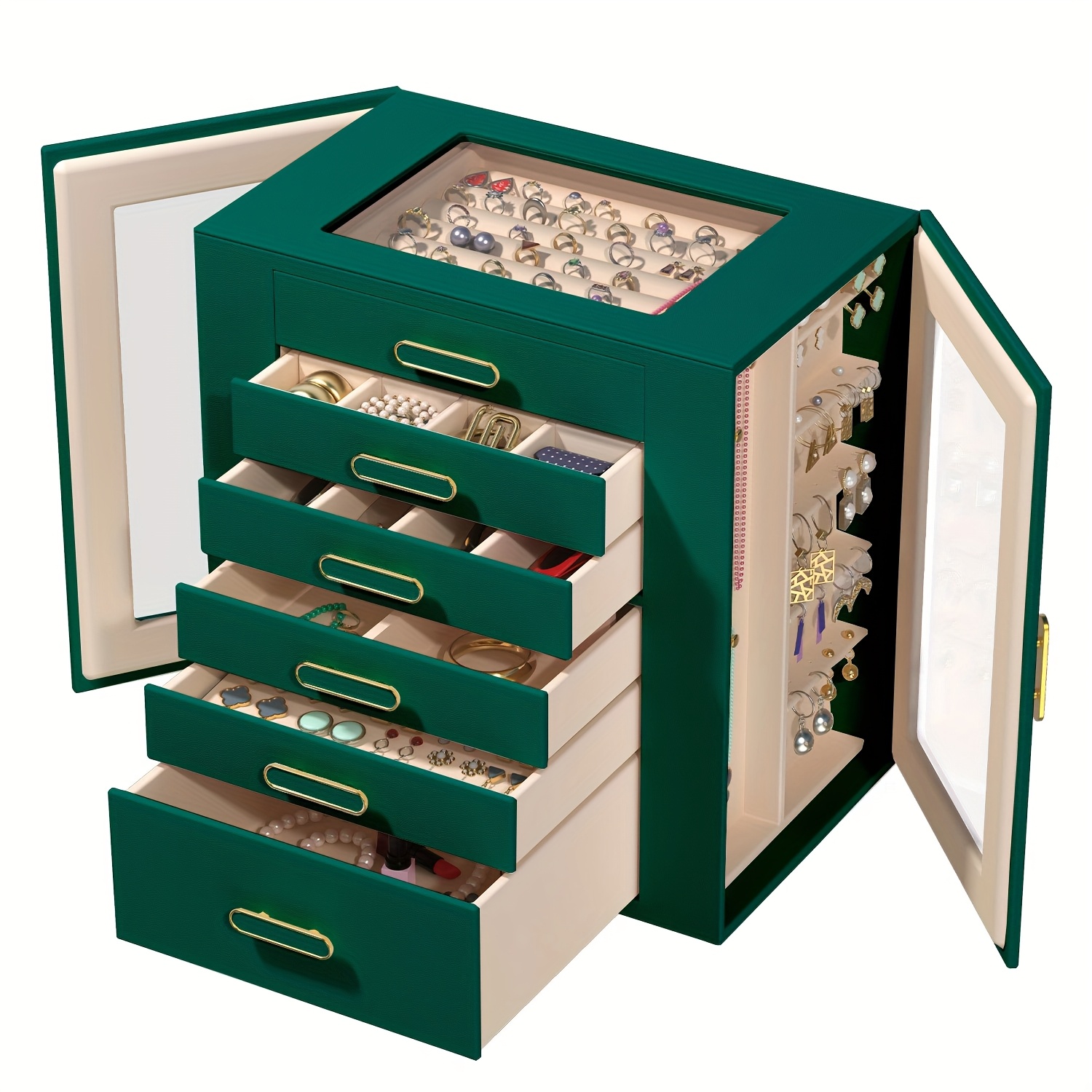 womens jewelry box 6 tier large capacity jewelry storage box top transparent viewing display case with 5 drawers and 2 side glass doors for showcasing jewelry and organizing synthetic   leather jewelry storage box   Product details 9