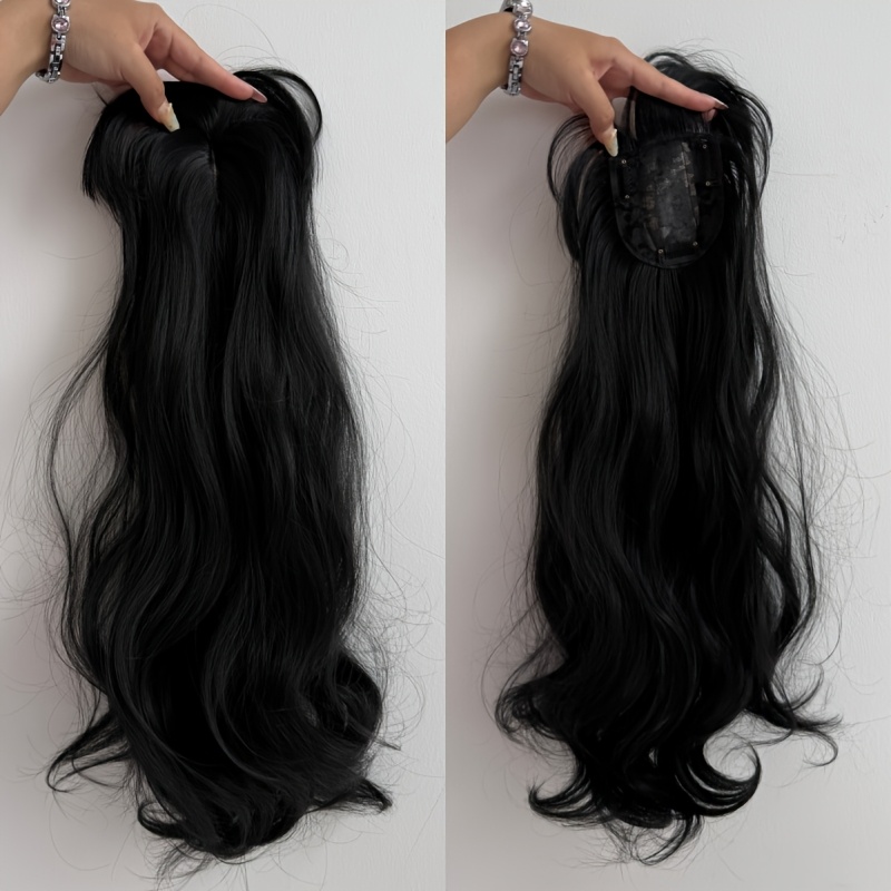 TEMU 18-Zoll Oberteil-Haarteil für Damen mit luftigen Pony-Fransen großen gewellten Locken, Haaransatz-Abdeckung für mehr Volumen, einfach mit Clips