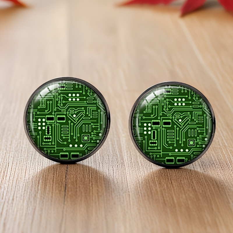 TEMU A Pair Of Round Glass Ear Studs With Black Circuit Board Design, Handmade Jewelry, Without Battery