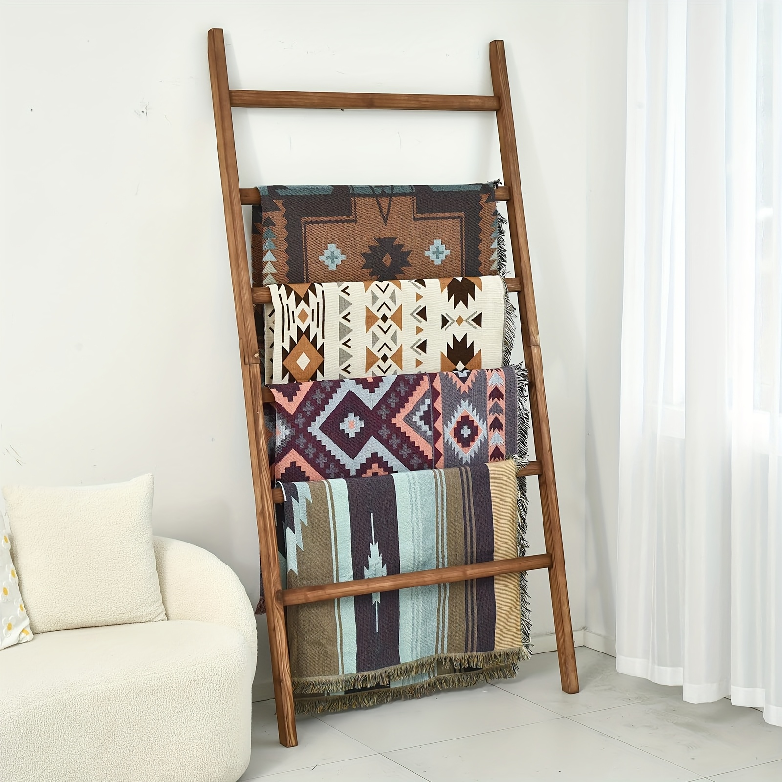 TEMU Extra Wide 6.4ft Blanket Ladder & Quilt Display Holder - Rustic Farmhouse Bookshelf Suitable For Blankets, Towels - Assembly, -standing For