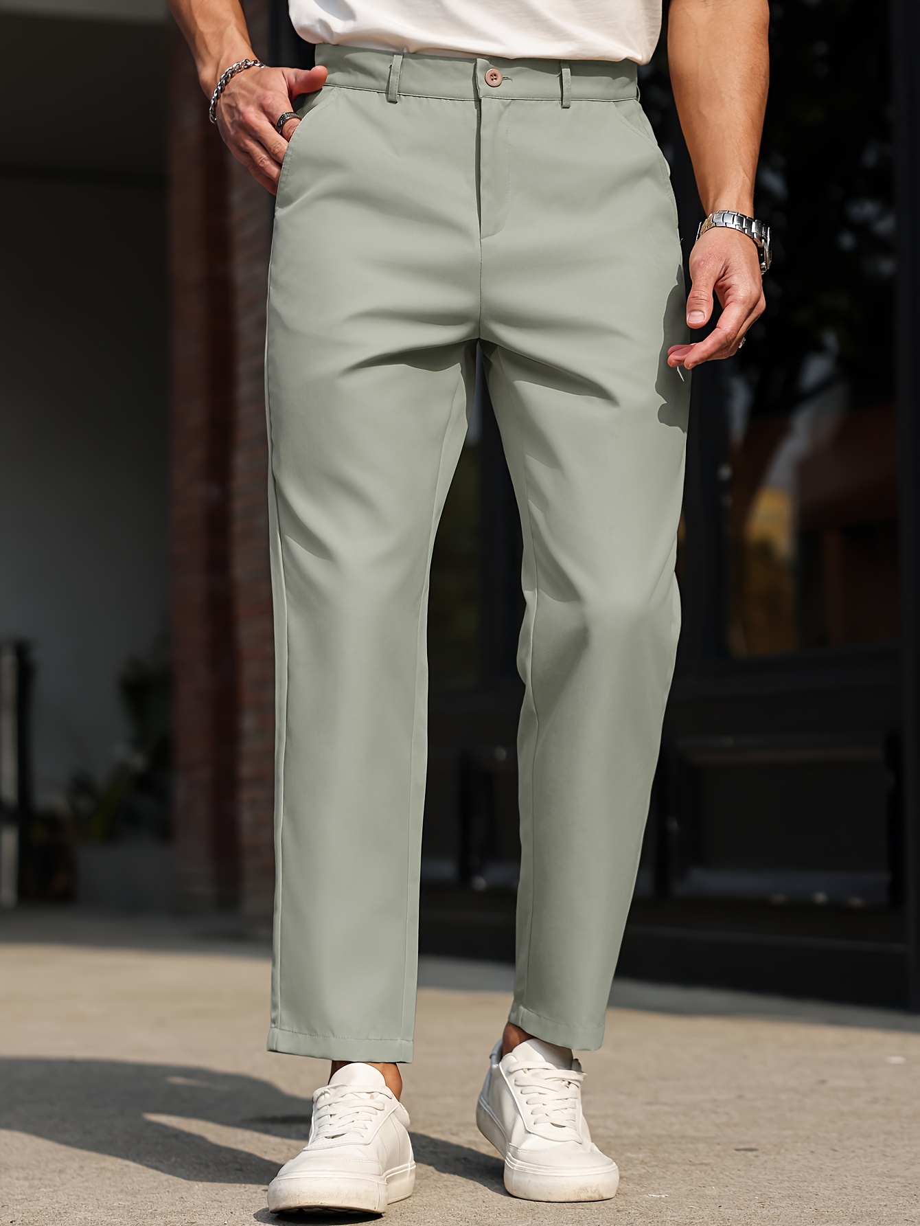 Men's Slim-Fit Casual Dress Pants - Solid Beige, Machine Washable, Straight Leg Design with Side Pockets, Perfect for Business or Leisure Outings, Allseason Trousers | Straight Leg Pants | Internal Zipper Closure