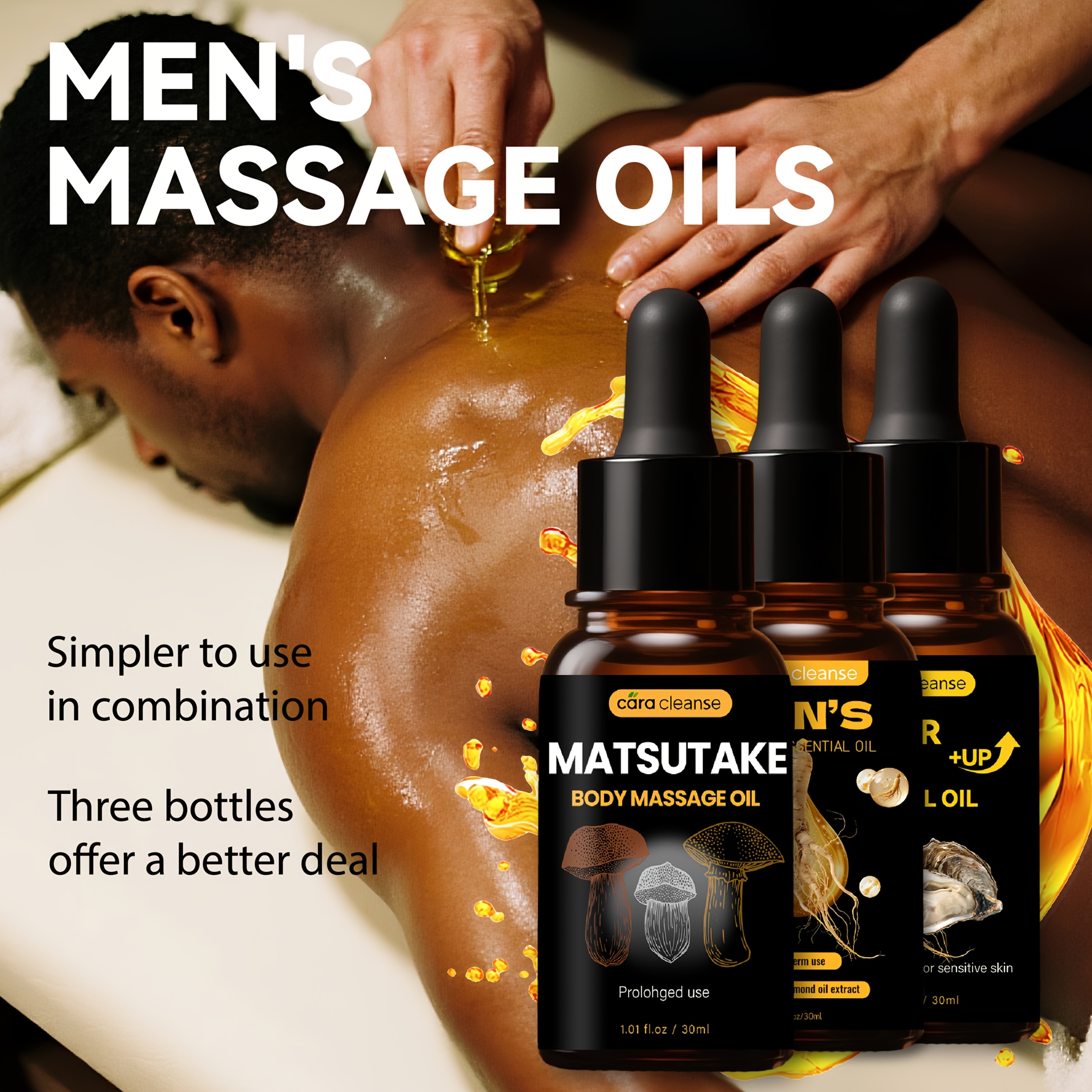 3pcs, 30ml Ginseng, Matsutake and Oyster Men's Massage Essential Oil Set, Rich in Ginseng, Matsutake and Oyster Extracts, Moisturizing, Gentle and Non-irritating, Suitable for Sensitive Skin. The Best Gift for Him