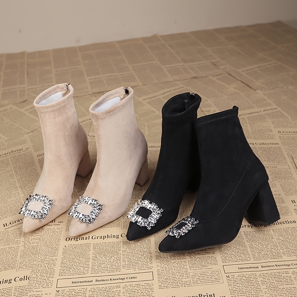 Chic Women's Color Block Ankle Boots with Glitter and Pointed Toe,  Chunky Heel Dress Shoes, Breathable Mesh Panel, Side Zip Closur