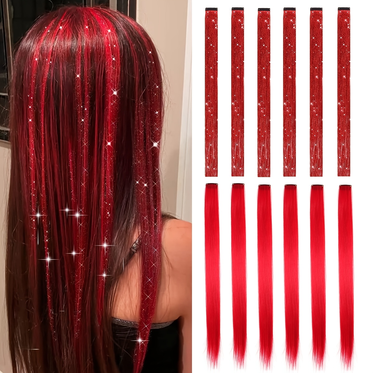 Image of 12pcs Y2k Glitter Clip-in Hair Extensions, 20" Long Straight Synthetic Hairpieces In Vibrant Colors - Seamless & Stylish For Parties, Festivals, And Casual Attire, Perfect Valentine's Gift For Women