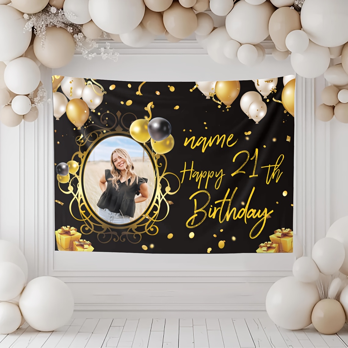 

1pc Customizable Photo & Text Birthday Banner - Elegant Black And With Balloons, Stars, And Gift - Personalized Polyester Backdrop For Decorations