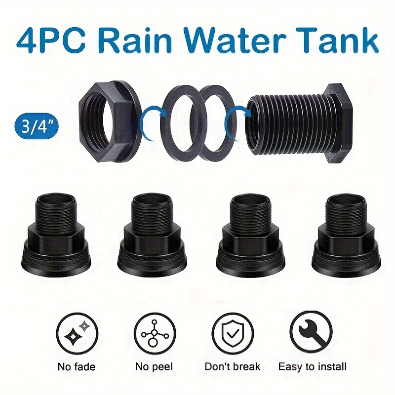 

4pcs, Pvc Bulkhead Fitting Adapters, Dual Thread 3/4" Male 1/2" Female, Durable Plastic Rain Barrel Connector Kit, No Fade/crack/peel, Easy Install For Aquariums, Tanks, Tubs, Pools Black