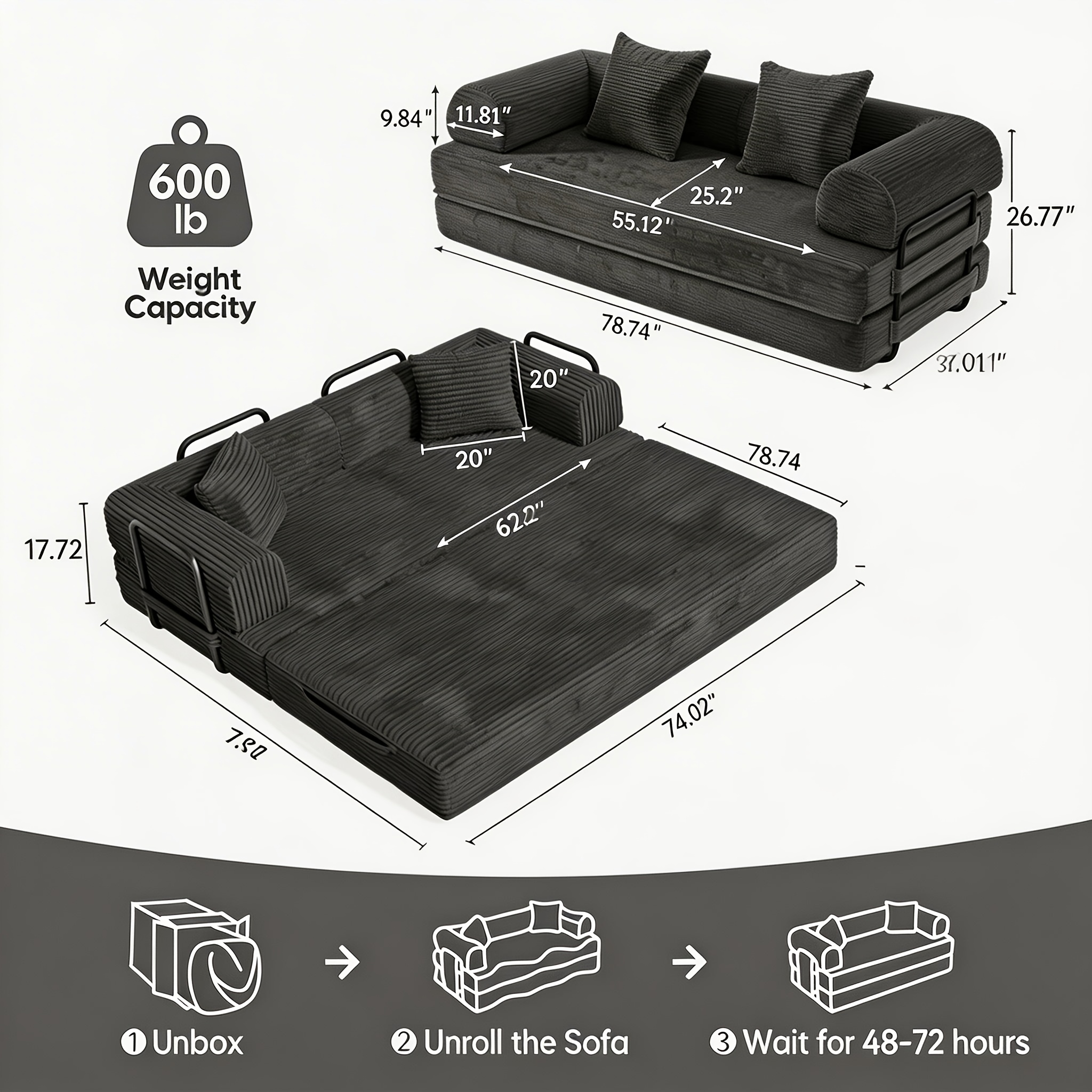 TEMU Aoxun Boneless Couch Sofa Bed Queen, 79" Convertible Sleeper Sofa Couch In A Box, Foldable Futon Sectional Foam Pull Out Cloud Couch For Living
