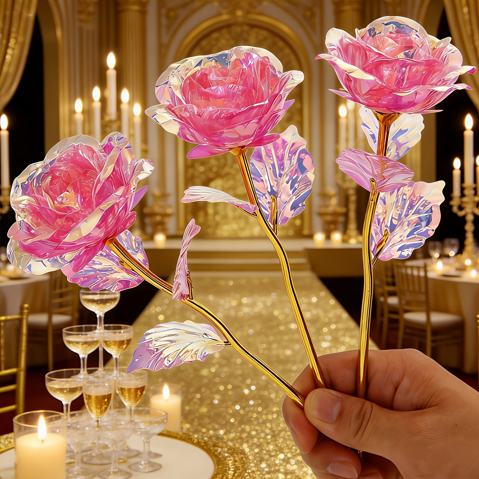 11pcs Everlasting Crystal Rose Bouquets - Shiny Plastic Flowers Suitable for Wedding, Valentine' Day, Home Party Decor with Realistic Roses & Foliage, Low-Maintenance Elegant Centerpieces for Table Centerpieces, Year-Round Decoration