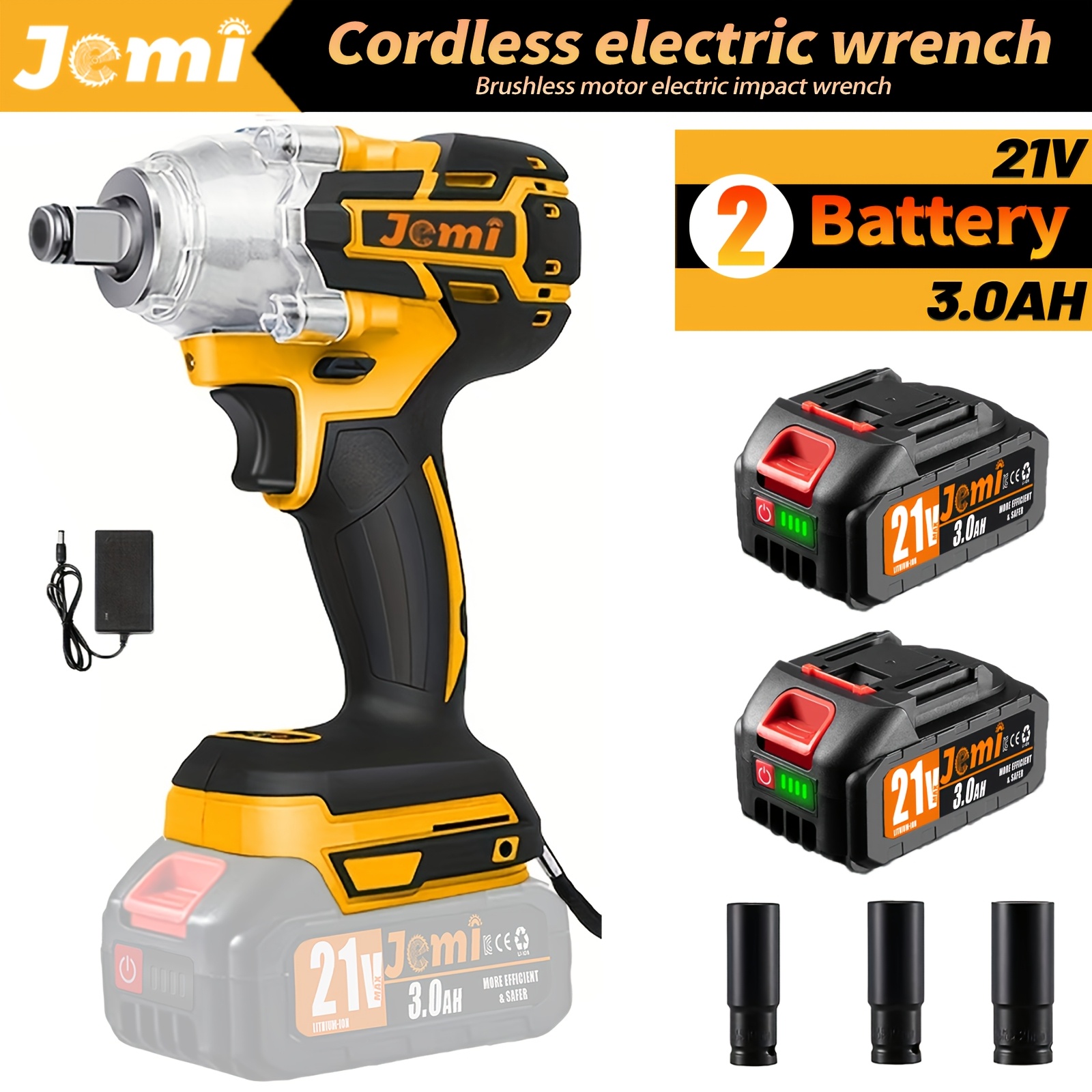 Image of Jemi Tool 21v Electric Wrench, 1/2 Inch Impact Wrench, Speed 0-4000 Rpm, Wrench Equipped With 3000mah Battery, With Plastic Box Containing A Full Set Of Additions, Suitable For Automobile And