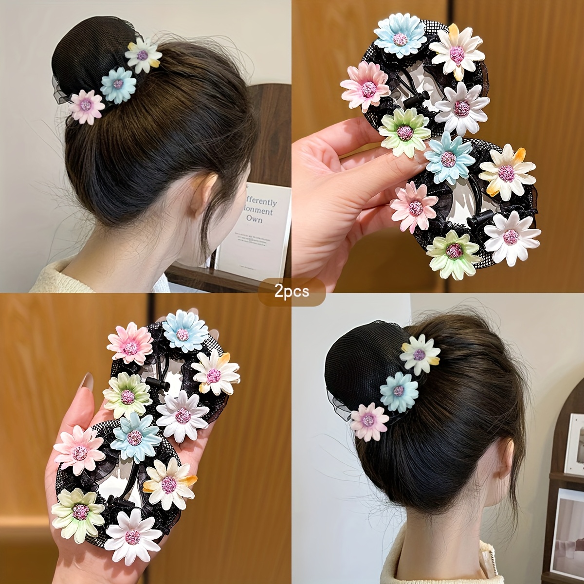 Image of 2 Colorful Flower Hair Nets For Latin Dance, Bun Hair Accessories, Hair-friendly