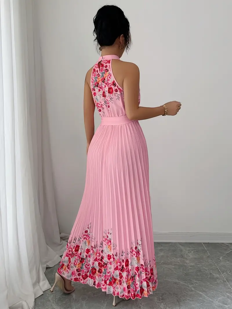 womens elegant floral print sleeveless a line dress vibrant pink round neck machine washable spring summer casual formal wear floral print dress no stretch fabric Product details 1