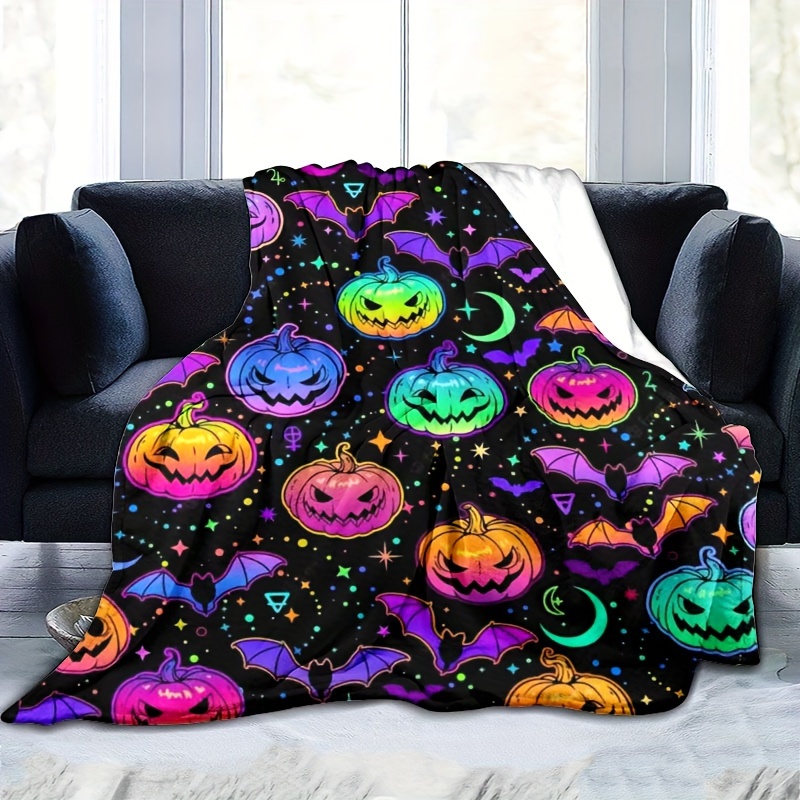 

Festive 3d Digital Printed Fleece Blanket: Themed With Multicolored Pumpkins And Bats, Soft And Skin-friendly, Suitable For All Seasons