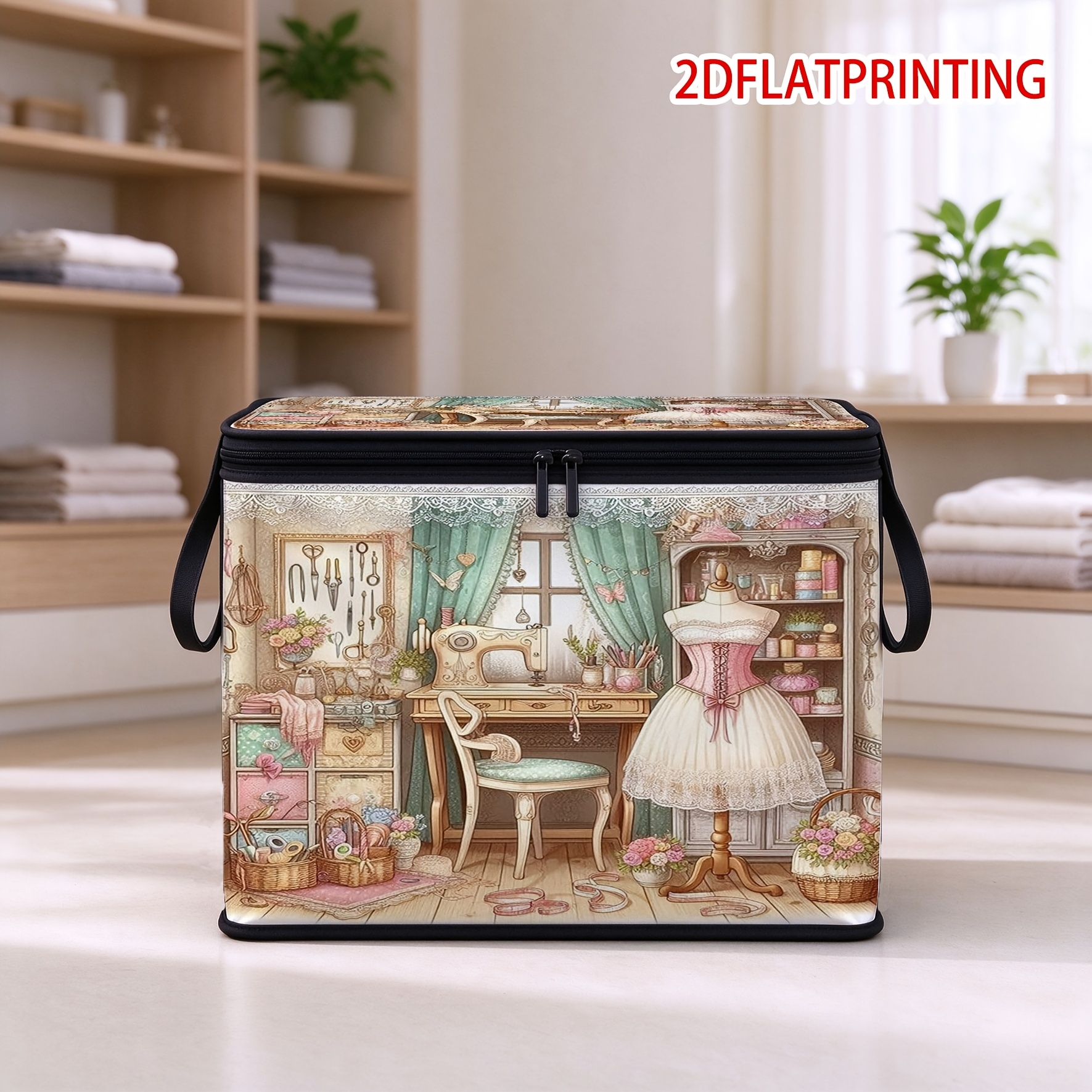 TEMU European Retro Hand-painted Tailor Studio Fabric Storage Box, Double Zipper Foldable Storage Bin, Bedroom Bedding Storage, Living Room Clutter