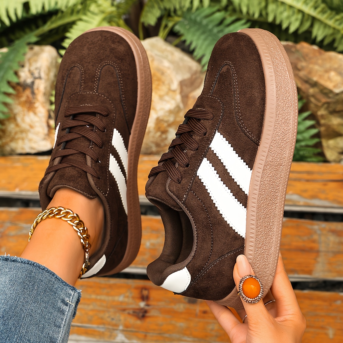 TEMU Women's College Style Casual Sports Shoes With Straps, Contrasting Stripes, Round Toe, Thick Sole, Lightweight And Durable For Daily Wear.