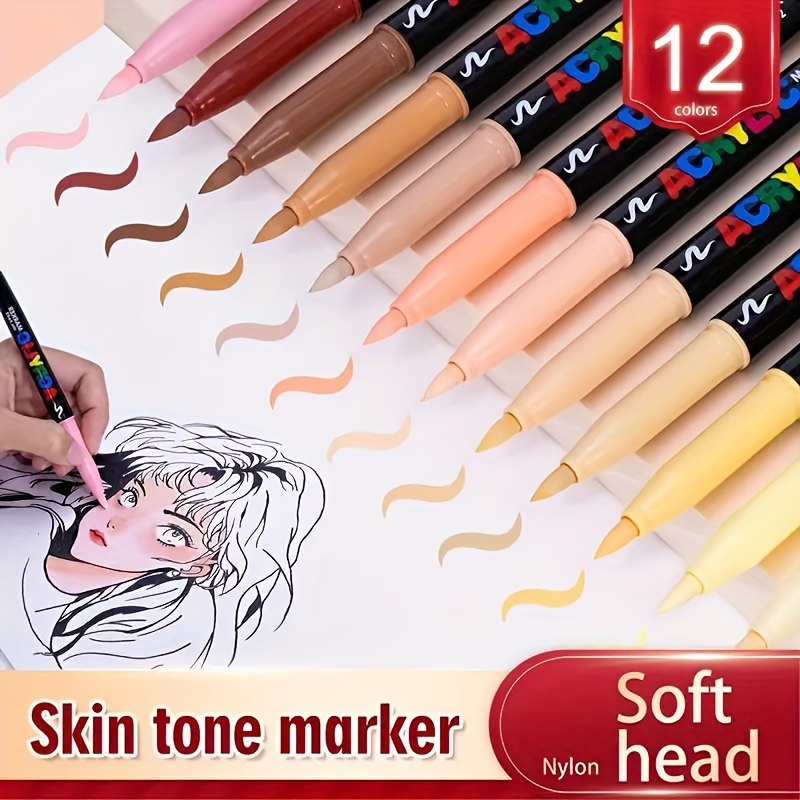 

12-pack Skin Tone Acrylic Markers With Soft Nylon Tips - Ready-to-use, No Shake Or Press, Versatile For Plastic, Wood, Glass, Cardboard & Ceramic Surfaces